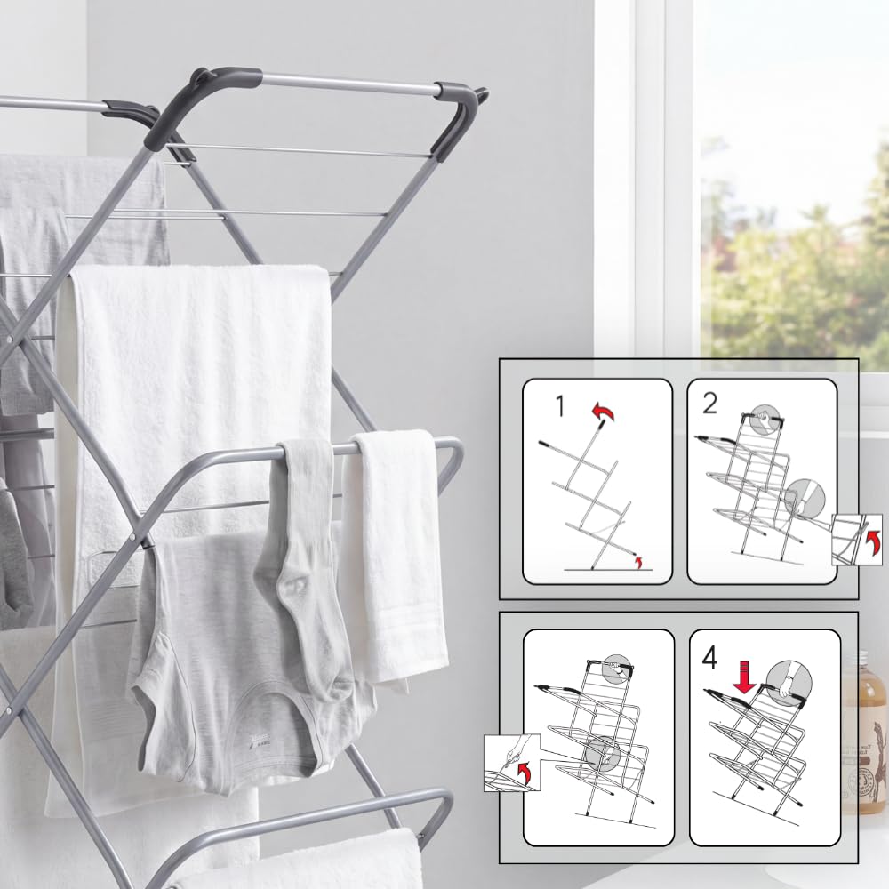 Metaltex 9,5 m extra schmales 3-Tier-Ziehharmonika Wäscheständer Wäschesack, Silber