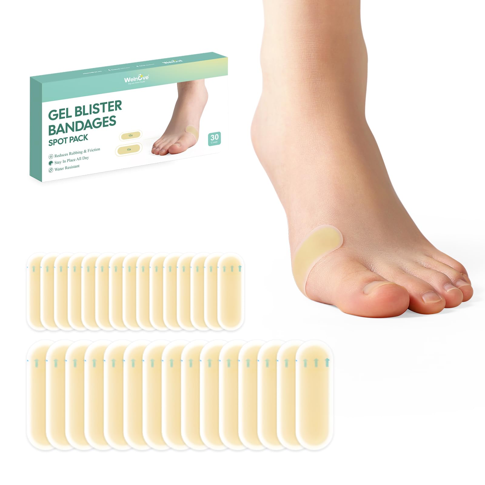 Welnove Gel Blister Bandages for Feet - 30ct Blister Cushion for Heel, Toe - Water-Resistant Hydrocolloid Bandages - Blister Pads for Prevention &