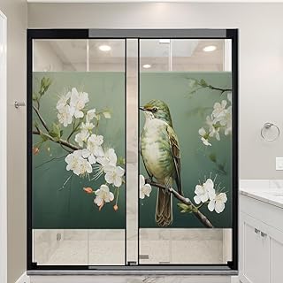 Green Bird Window Privacy Film White Flower Vintage Animals Stained Glass Window Coverings No Glue Static Cling Window Film for Home Office Stores 27.6Wx47.2L-inch x2 Pcs