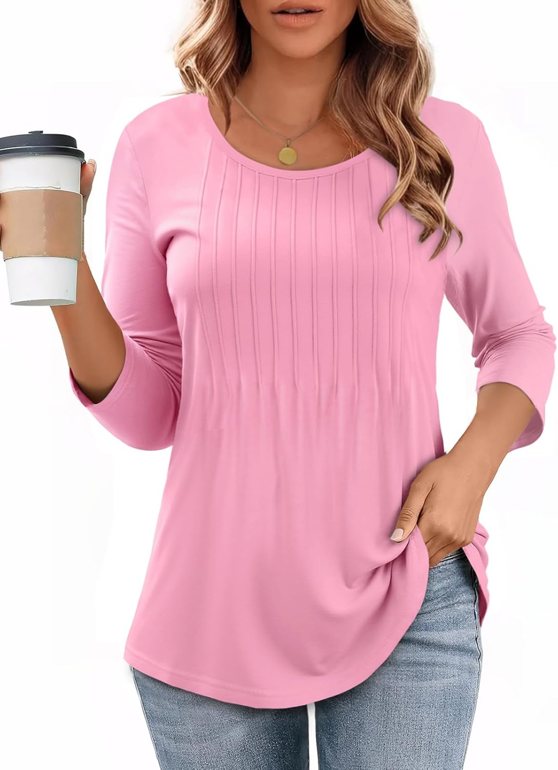 CHICGAL Womens 3/4 Length Sleeve Tops Casual Crew Neck T Shirt Pleated Loose Fit Blouses