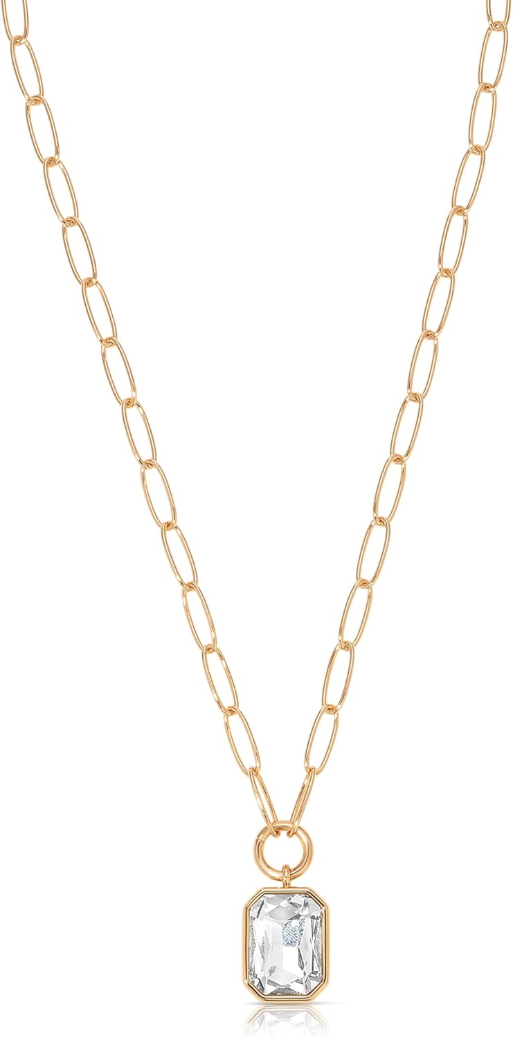 Ettika Long Necklaces for Women. Single Crystal Necklace, 18k Gold Plated Paperclip Chain. Deco Pendant Necklace, Gifts For Women