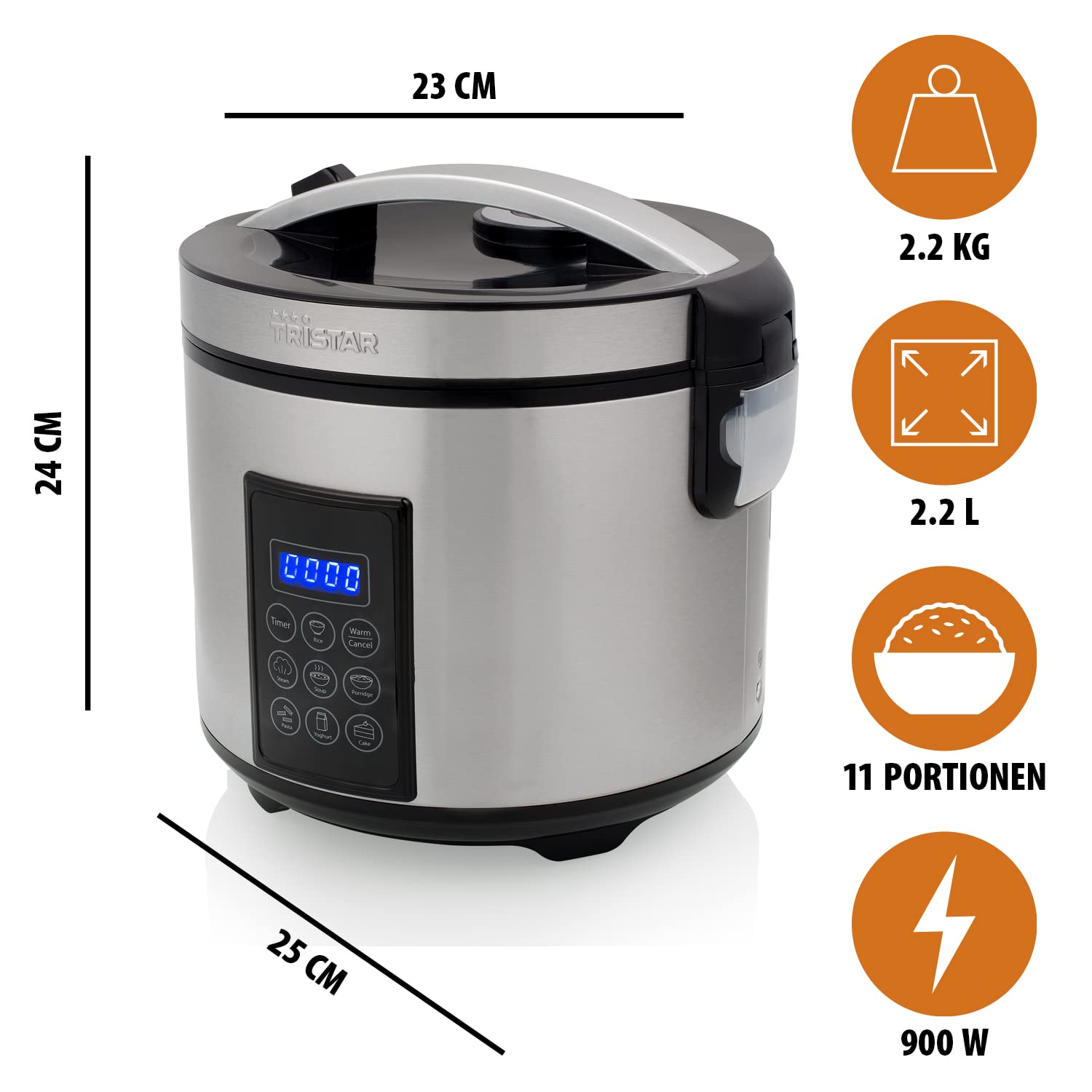 Tristar Reis- und Dampfgarer XL (2,2 L), 24 h Warmhaltefunktion, 7 Programme, Digitales Bedienfeld, Timer, Für 8-10 Personen, BPA-frei, inkl. Reislöffel, Messbecher, Dampfkorb, Silber, RK-6138