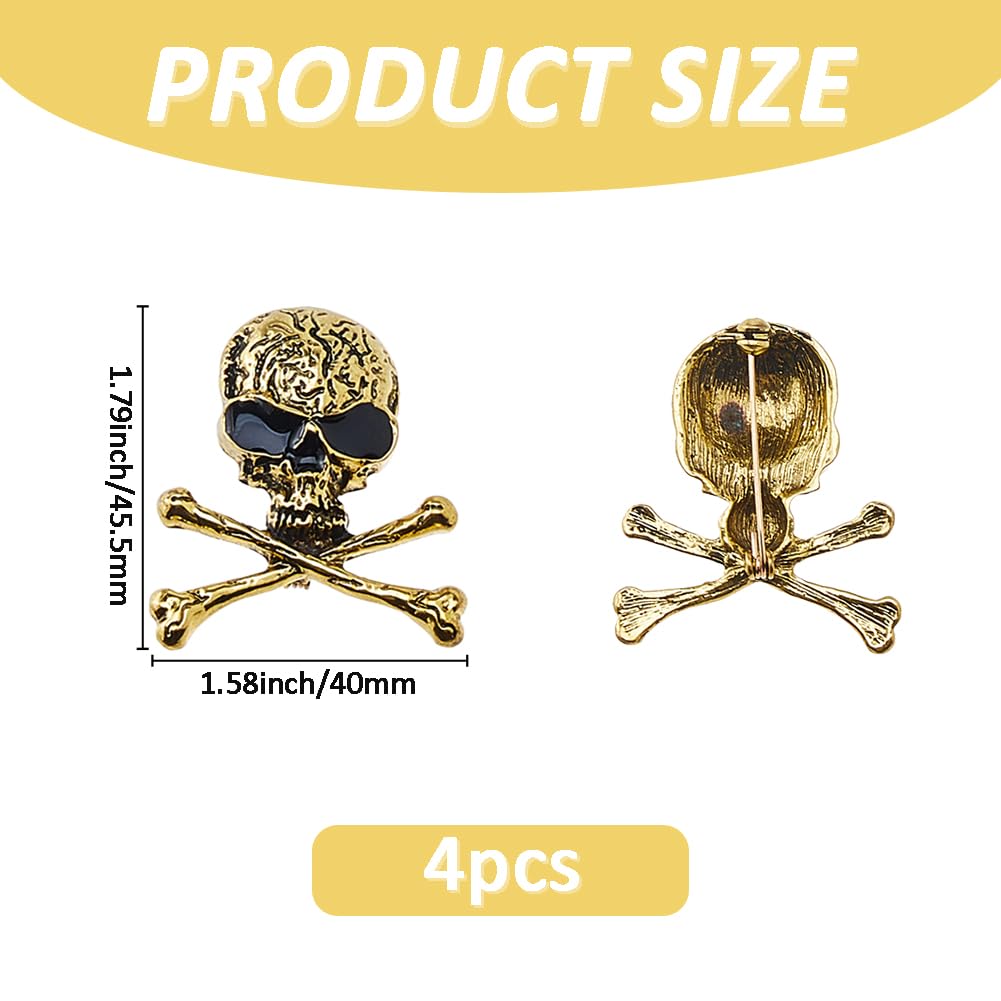 SUPERFINDINGS 4 Spille in Oro Antico con Teschi gotici e Ossa Incrociate, Spille in Lega Stile Punk, Decorazioni per Costumi di Halloween per Donne e Uomini, Cappotti, Giacche di Stoffa