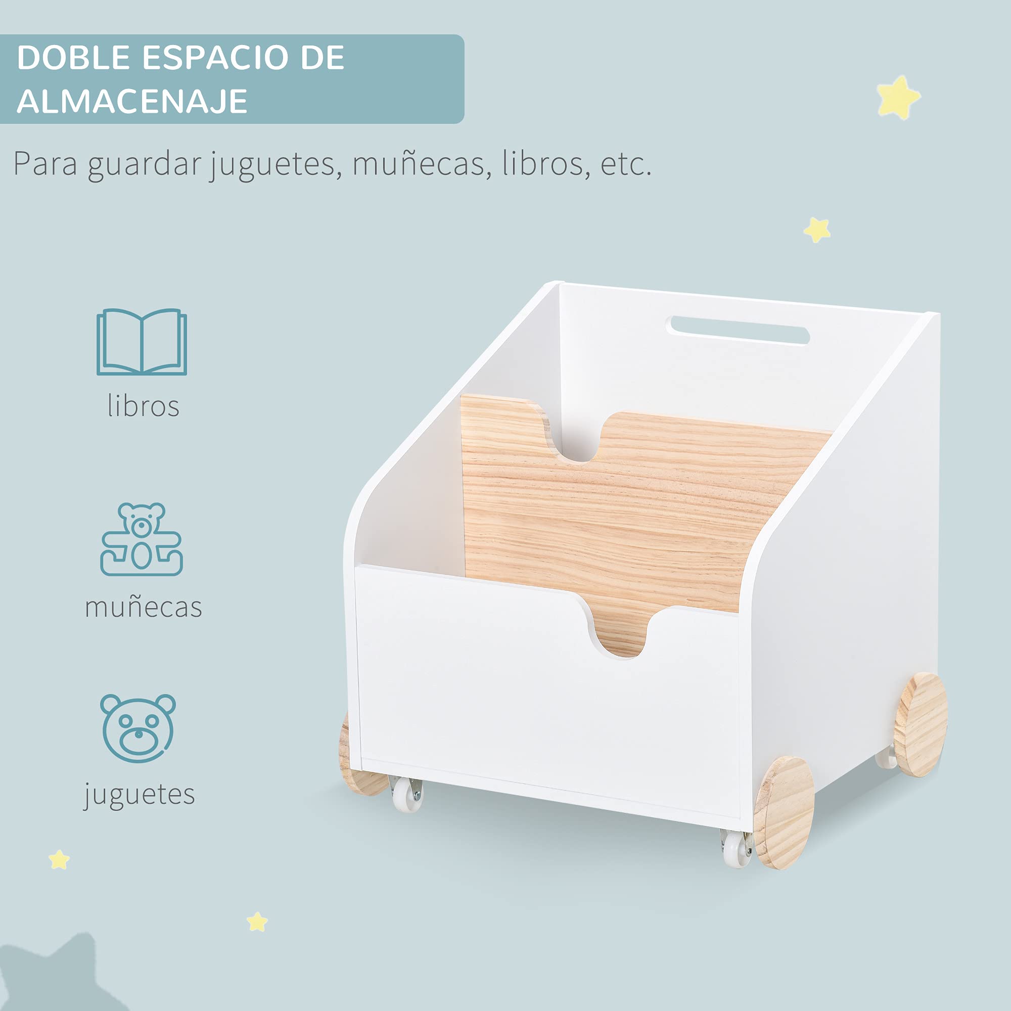 HOMCOM Caja de Almacenamiento de Madera para Juguetes 2 Secciones con Ruedas Asa Librería Infantil con Ruedas para Habitación de Niños 40x43x43 cm Blanco y Natural