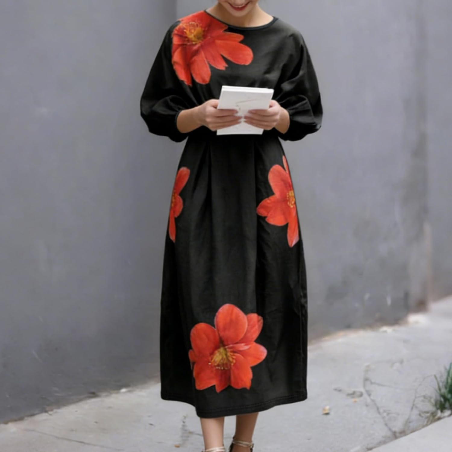 Women's Cotton Blossom Print Commuter-Style Crew Neck Elastic Waist Dress