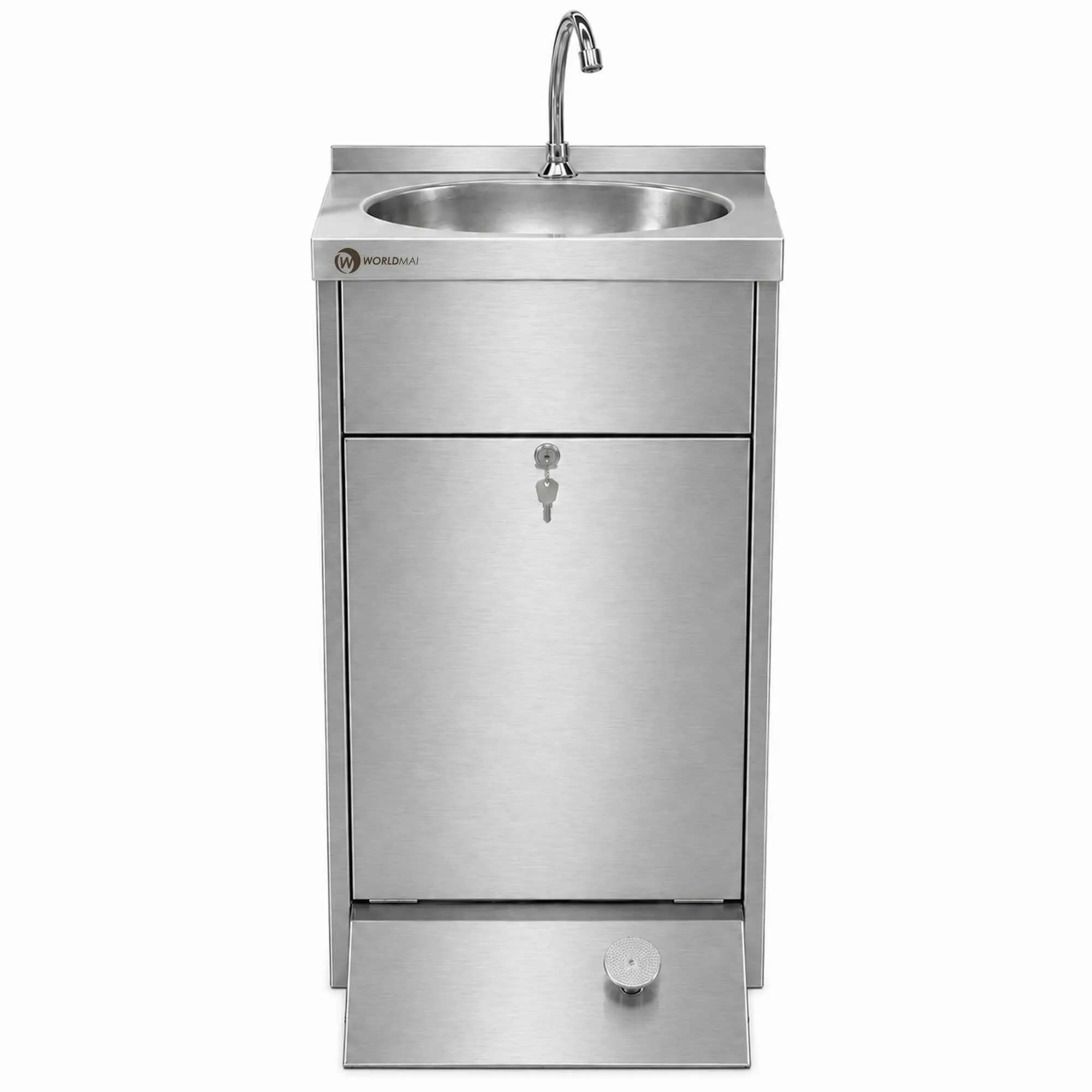 Lavamanos industrial de pie en acero inoxidable con pedal WORLDMAI para hostelería. Lavamanos profesional para cocina de bar y restaurante.