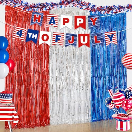 Image of 4th of July Patriotic Decorations, Red White Blue Decorations, 3 Pack Tinsel Foil Fringe Curtains, Banner for Patriotic Party Indoor Outdoor