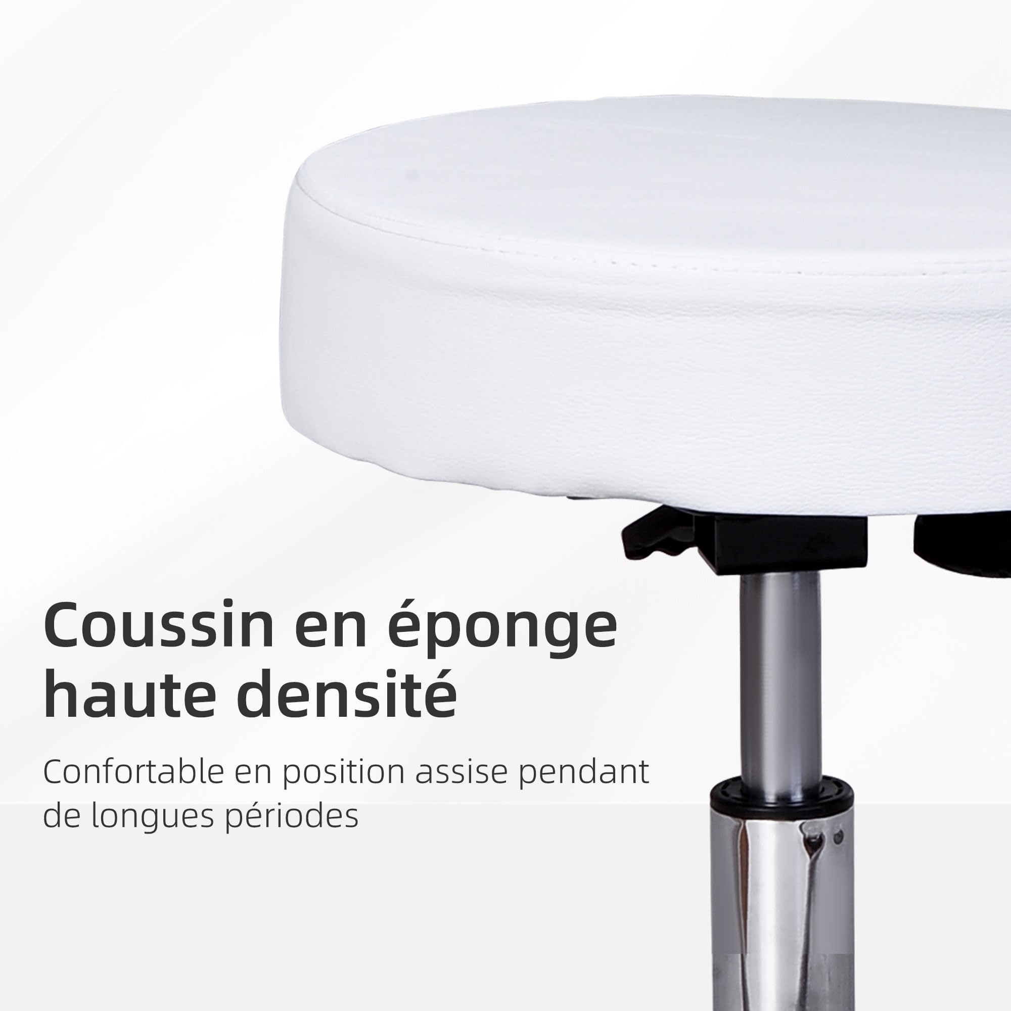 HOMCOM Tabouret Massage à roulettes réglable en Hauteur pivotant avec Dossier Ergonomique Blanc