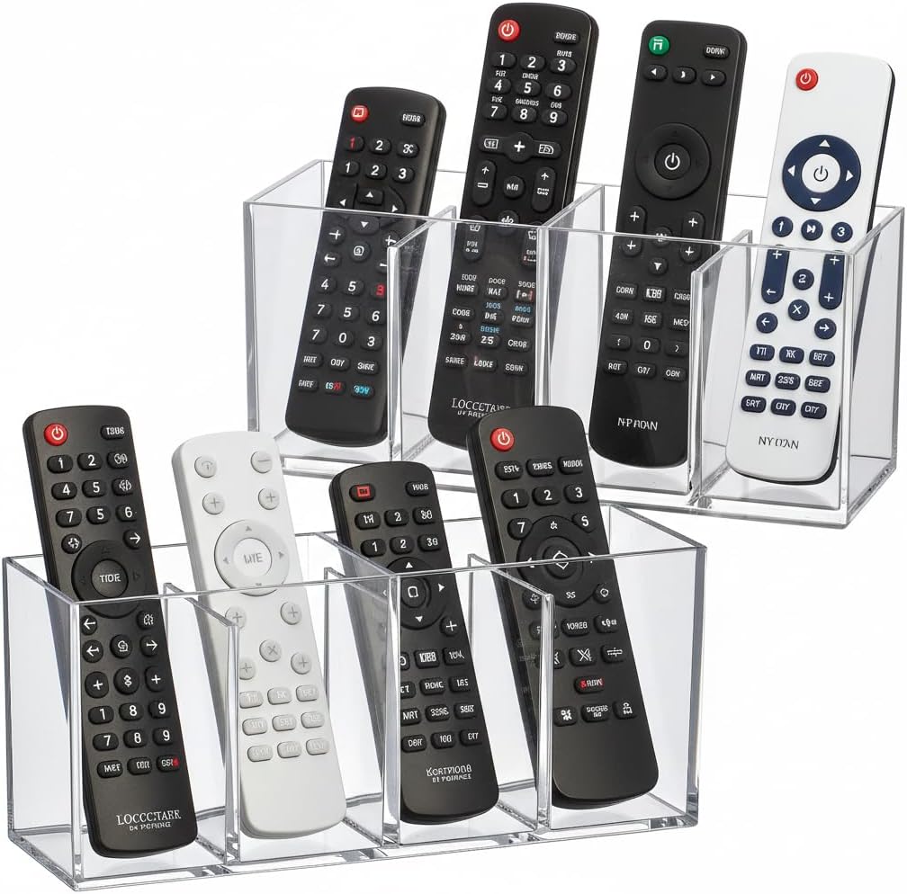 Amazing Abby Remote Control Holder (2-Pack), Clear Plastic 4-Compartment Organizer for TV Remote, Shatter-Proof Storage Box for Media Players, Controllers, and Office Supplies