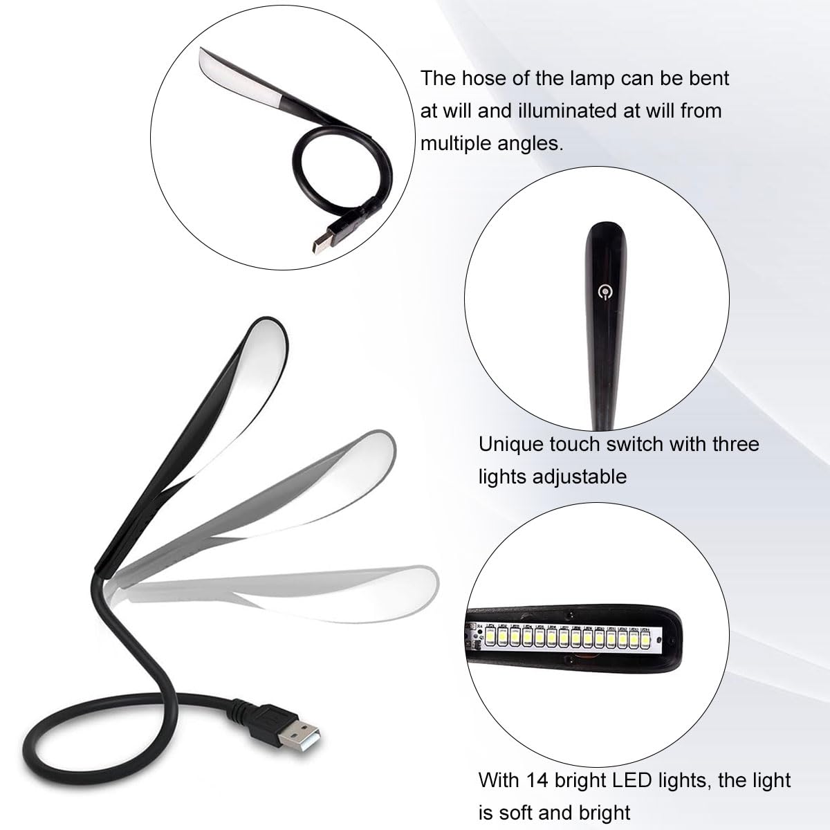Lampa USB, możliwość ściemniania, lampa USB, lampka do czytania USB, 3-stopniowa regulacja jasności, lampka nocna LED, mini USB do laptopa, 14 diod LED, lampa typu łabędzia szyja, przełącznik