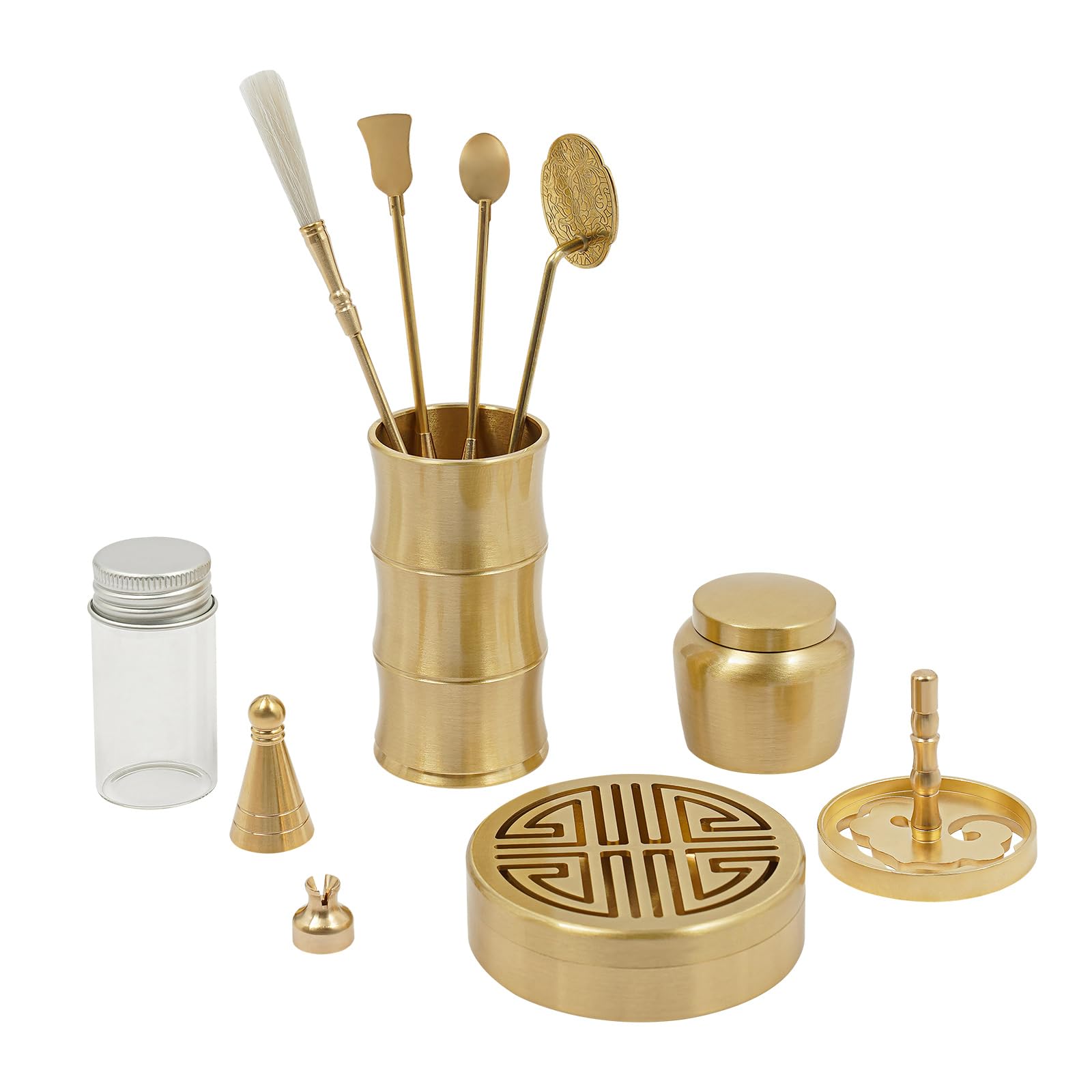 11 Stück Messing Weihrauch Werkzeug Set, Räuchergefäß-Set mit Messing Weihrauch Löffel Presse Schaufel Pinsel Zubehör für Yoga, Meditation