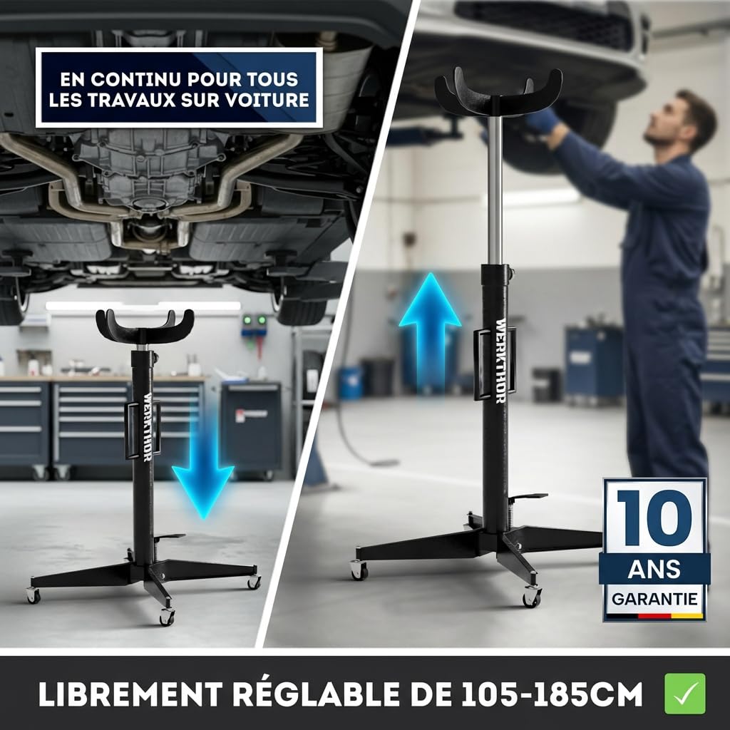 WERKTHOR Vérin de Fosse Hydraulique 500kg Noir | Cric de Fosse Réglable 113–195 cm avec Pédale & 4 Roues | Verin de Fosse Atelier pour Boîte Vitesse, Moteur, Transmission