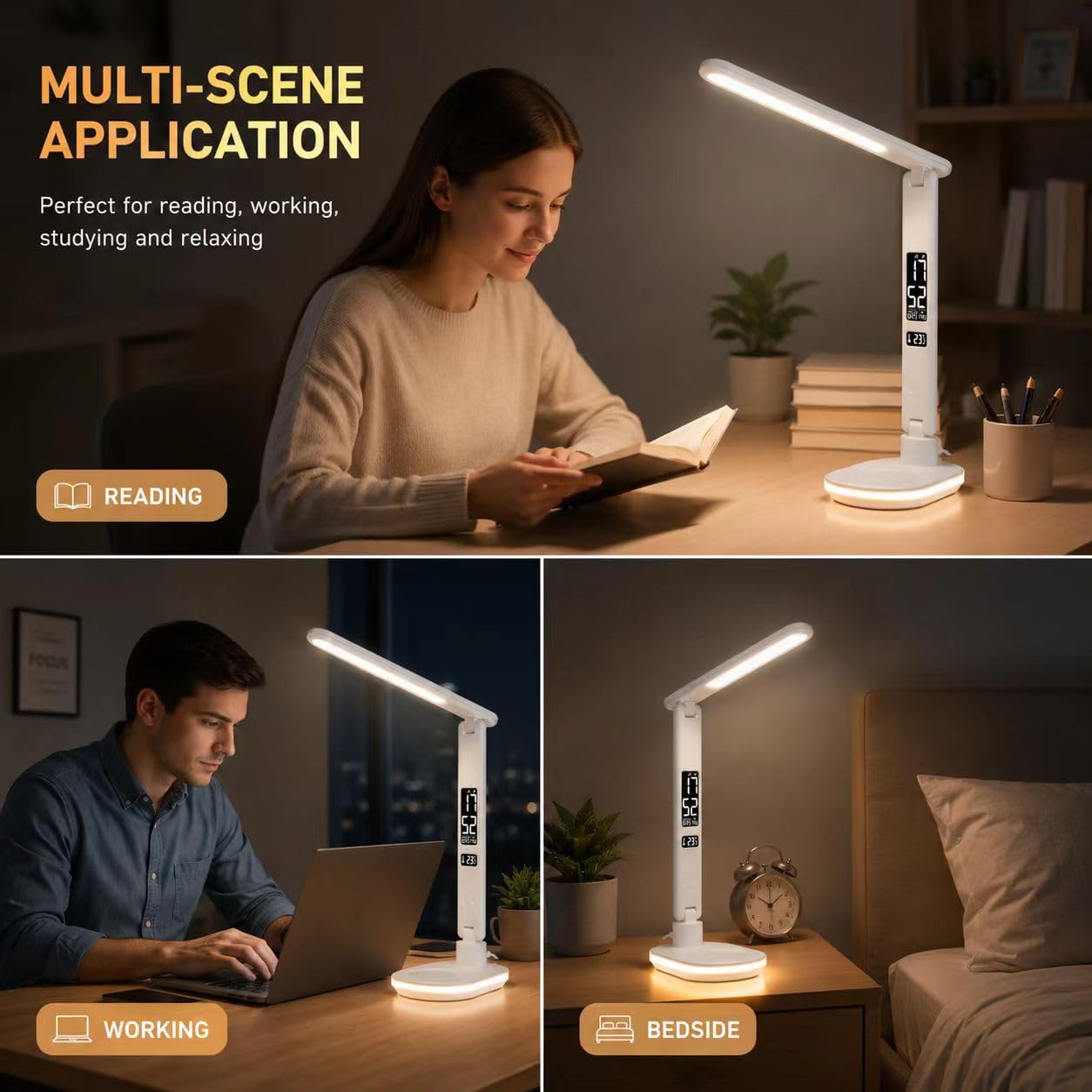 Lampe de Bureau LED 10W Dimmable Tactile avec Chargeur sans Fil, USB, Horloge, Veilleuse Couleur, LCD, Blanc