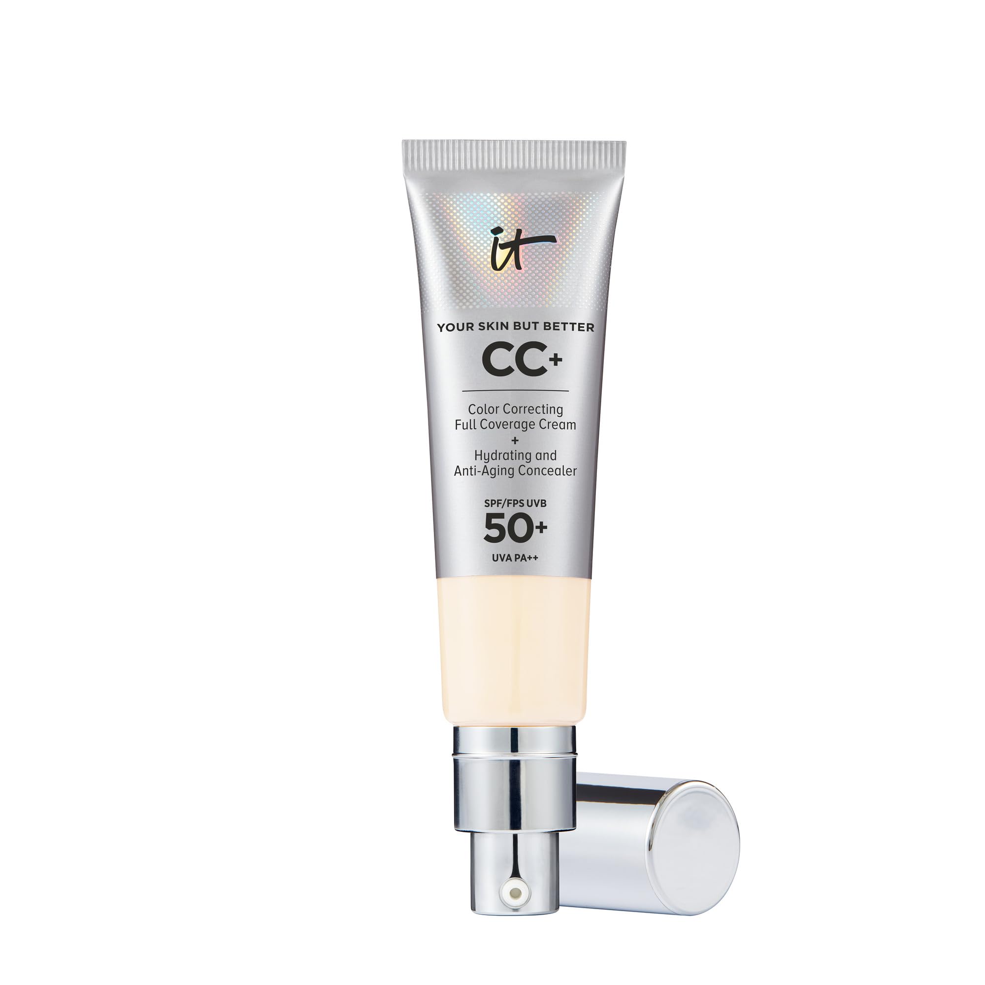 IT Cosmetics CC+ Cream SPF 50+ Full-Coverage CC Foundation, Hydrating Skincare, With Hyaluronic Acid, Niacinamide & Vitamin E for a Radiant Finish, Your Skin But Better, Shade: Fair Ivory, 32ml