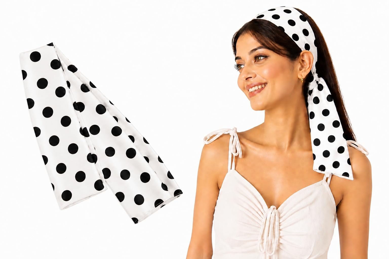 Satin Polka Dot Hair Scarf for Women, White & Black, Vintage Style Headband Hair Tie, Retro Theme-image-31