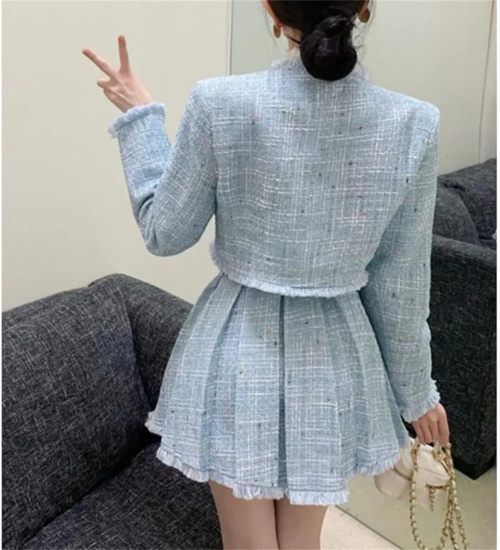 Women 2-Piece Sets Tweed Solid Outfits Long Sleeve Short Jacket Coat + Pleated Skirt Suits