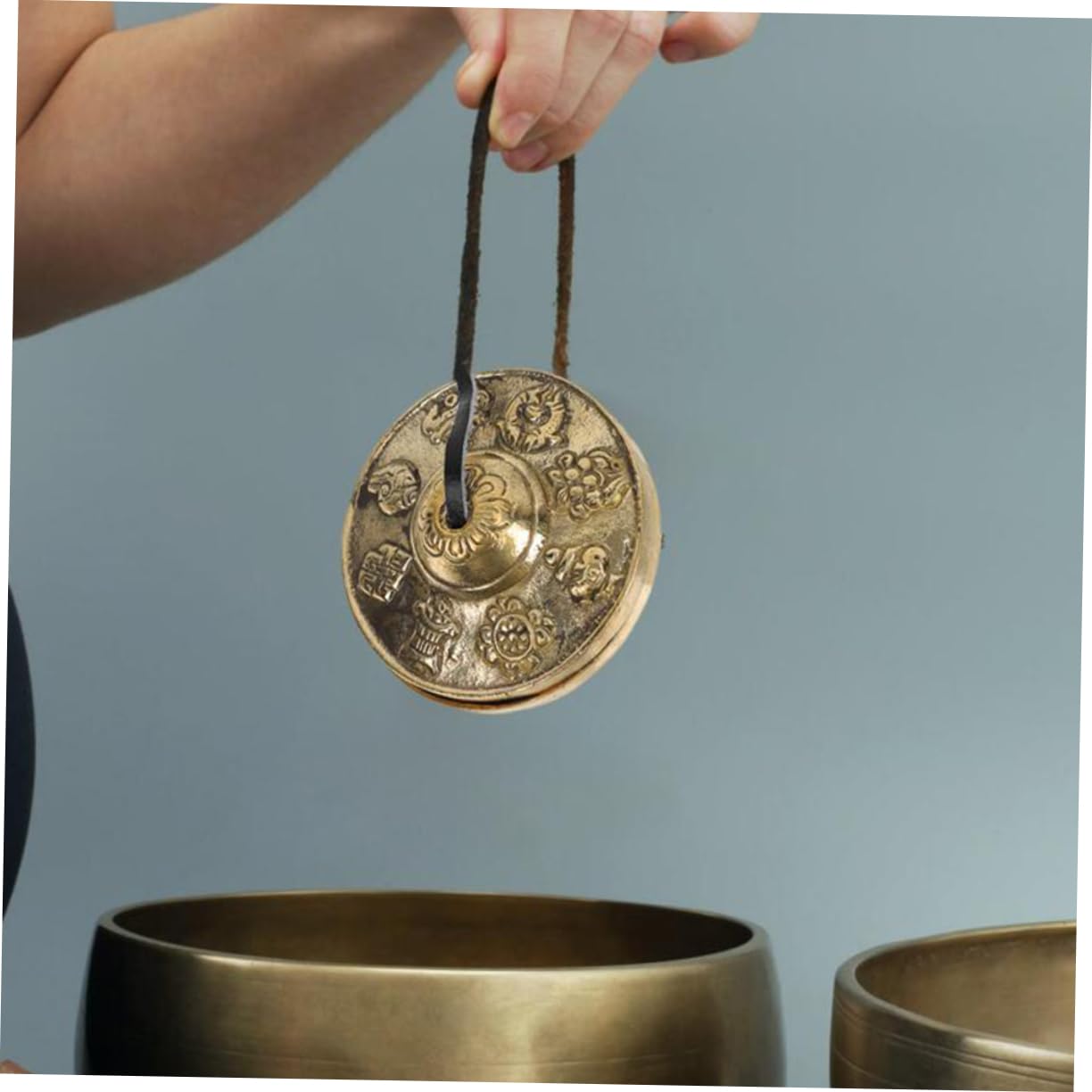 Cimbali in Rame Dorato per Meditazione e Rituali Motivi Vintage di Buon Auspicio, Strumenti Percussivi Etnici per Benedizione ed Esorcismo