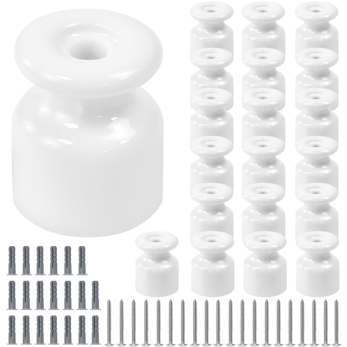 20PCS Aisladores de Porcelana para Cable Trenzado Ø19 mm, Abrazadera Cable Porcelana, Aisladores de Ceramica Blanco, Aislante dePorcelana con Tornillos y Tacos para Seguridad deCable Eléctrico