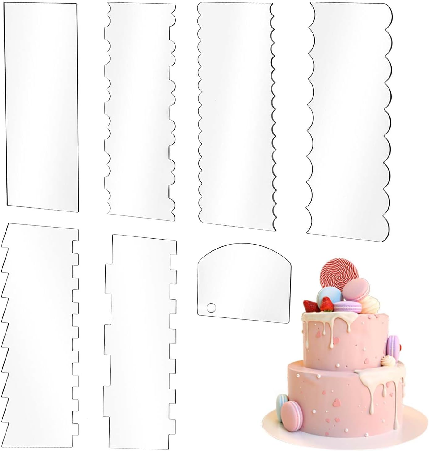 SenseYo 7 Pcs Acrylic Cake Scraper 9.5 Inch Large Icing Cream Frosting Smoother Comb Double Sided Patterned Edge Stripe for Cake Decorating Mousse Butter Baking Projects