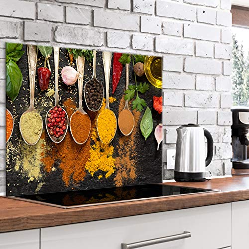 murando Spritzschutz Glas für Küche 80x60 cm Küchenrückwand Küchenspritzschutz Fliesenschutz Glasbild Dekoglas Küchenspiegel Glasrückwand Gewürze in Löffeln - j-B-0096-aq-e