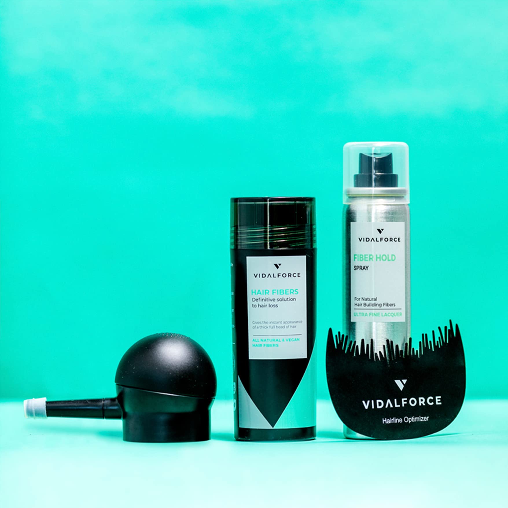 VidalForce, Starter-Pack Fibre Cheratina I Fibre capelli Nero 30 gr + Fissatore di Fibre 10ml + Applicatore di Fibre + Hairline Optimizer I Microfibre Cheratina Contro la caduta dei capelli