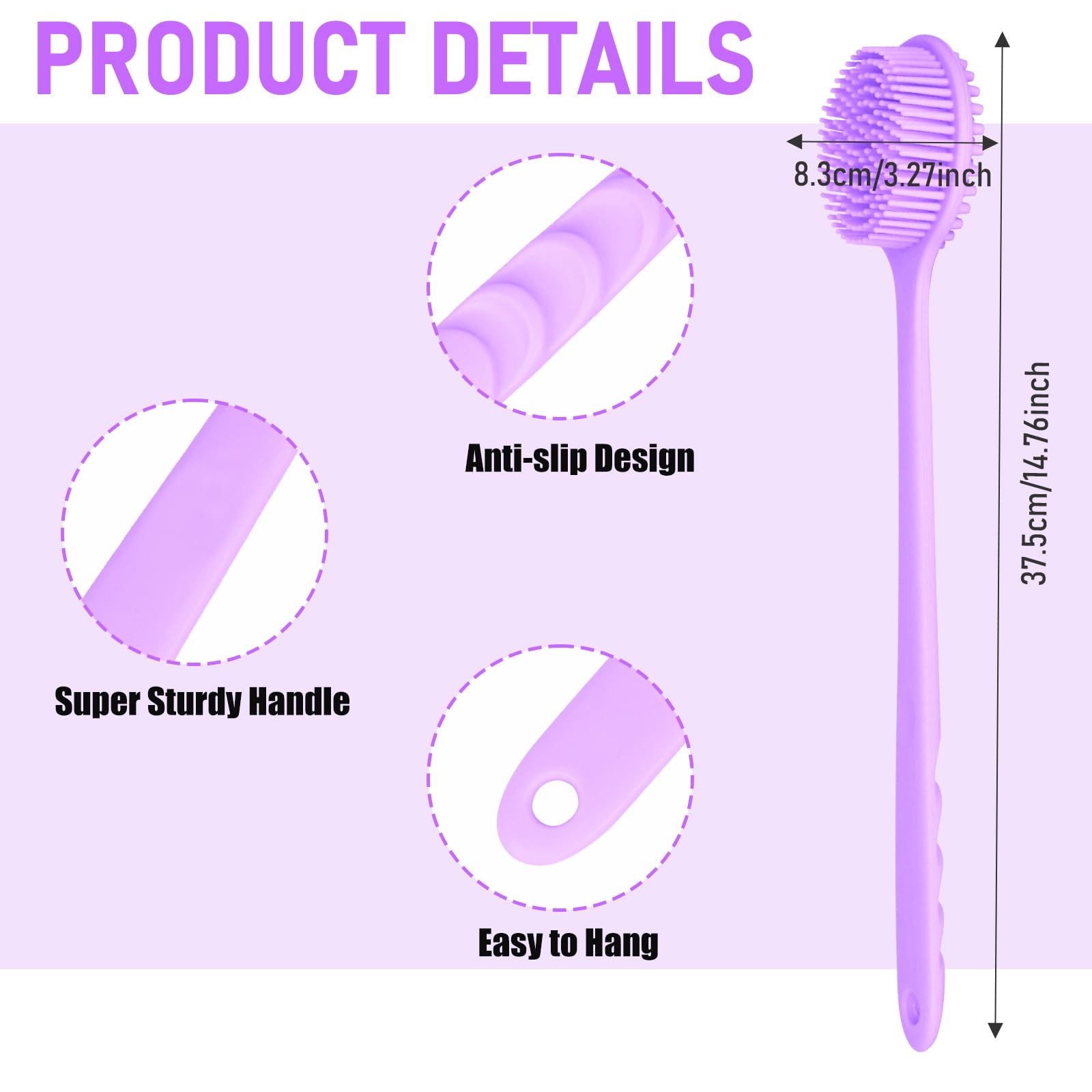KXF Silicone Back Scrubber 37.5cm Long Handle Double-Sided Shower Body Brush Body Scrubber Bath Wash Brush with Soft Lathering Bristles and Stiff Massage Nodes Gentle Exfoliating Showering Exfoliator - Image 2