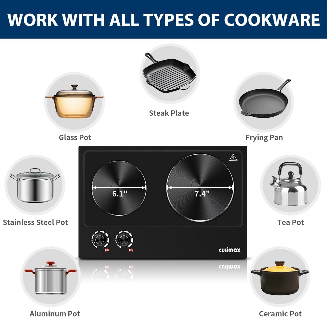 CUSIMAX Hot Plate, 1800W Electric Burner Double Hot Plate for Cooking Countertop Burner with Adjustable Temperature Control, Portable Electric Cast Iron Hot Plates Cooktop, Easy to Clean, Black