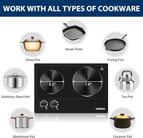 CUSIMAX Hot Plate, 1800W Electric Burner Double Hot Plate for Cooking Countertop Burner with Adjustable Temperature Control, Portable Electric Cast Iron Hot Plates Cooktop, Easy to Clean, Black
