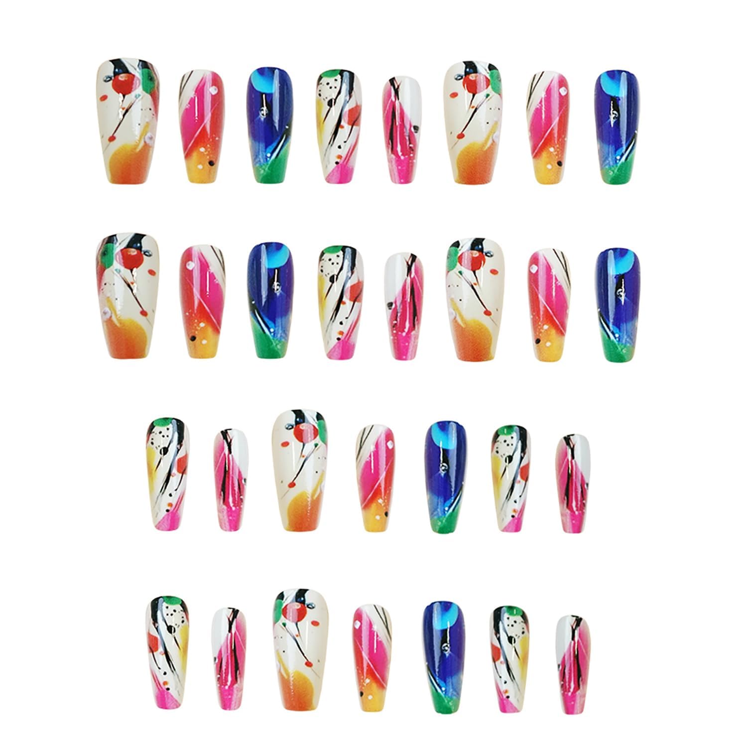 24Pcs Smudge Press on Nails, Acrylic Full Cover Coffin Nails - Colorful Smudge and Black Lines Design, Medium Ballet Shape - Image 3