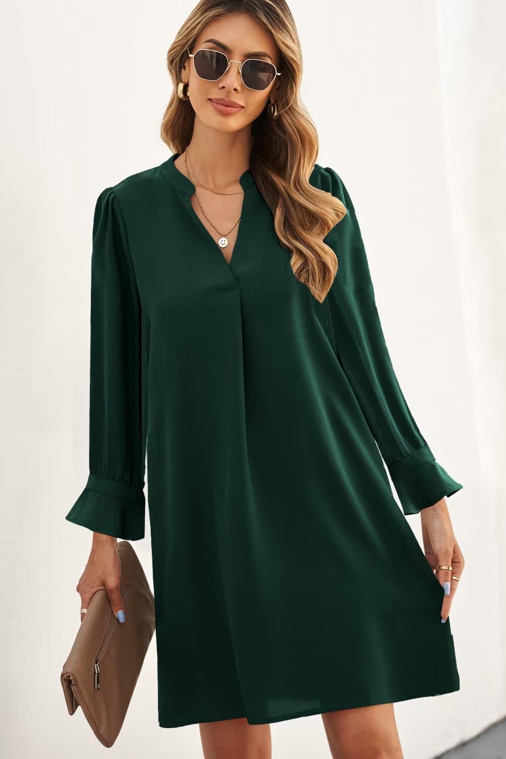 Wkior Elegant Dresses for Women V Neck Long Sleeves Casual Solid Color Dress Moss Green XL - Image 6