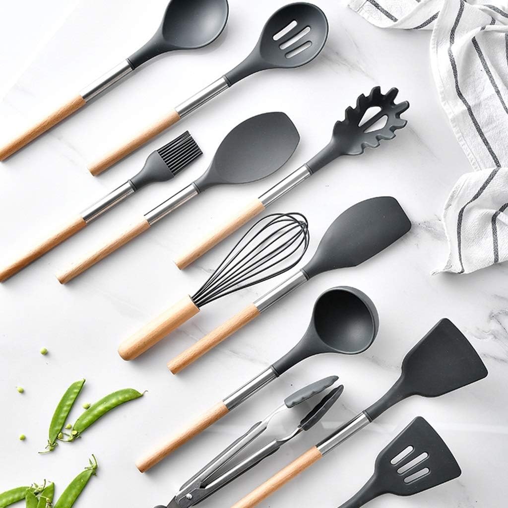 Silikon-Besteckset, Silikon-Küchenutensilien-Set, Kochutensilien-Sets mit Halter – 11-teilig, Holzgriff, antihaftbeschichtetes Kochgeschirr, Kochutensilien, spülmaschinenfest, Schwarze