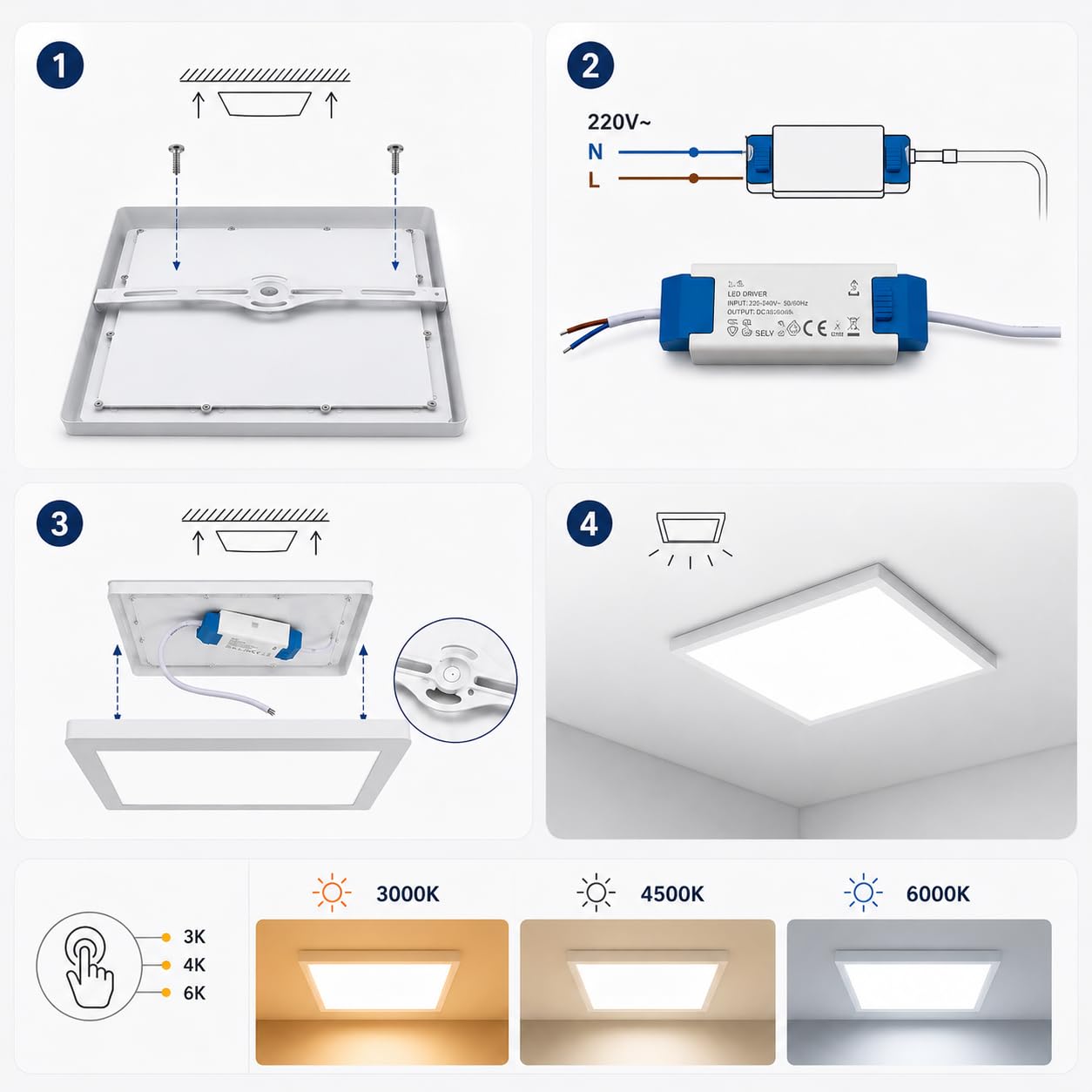 ONSSI® Plafón LED de Techo 24W Cuadrado 300x300 mm, 3 Temperaturas de Color (Blanco Frío, Neutro y Cálido), Panel LED de Superficie, Lámpara de Techo, Marco Blanco (Pack 5)