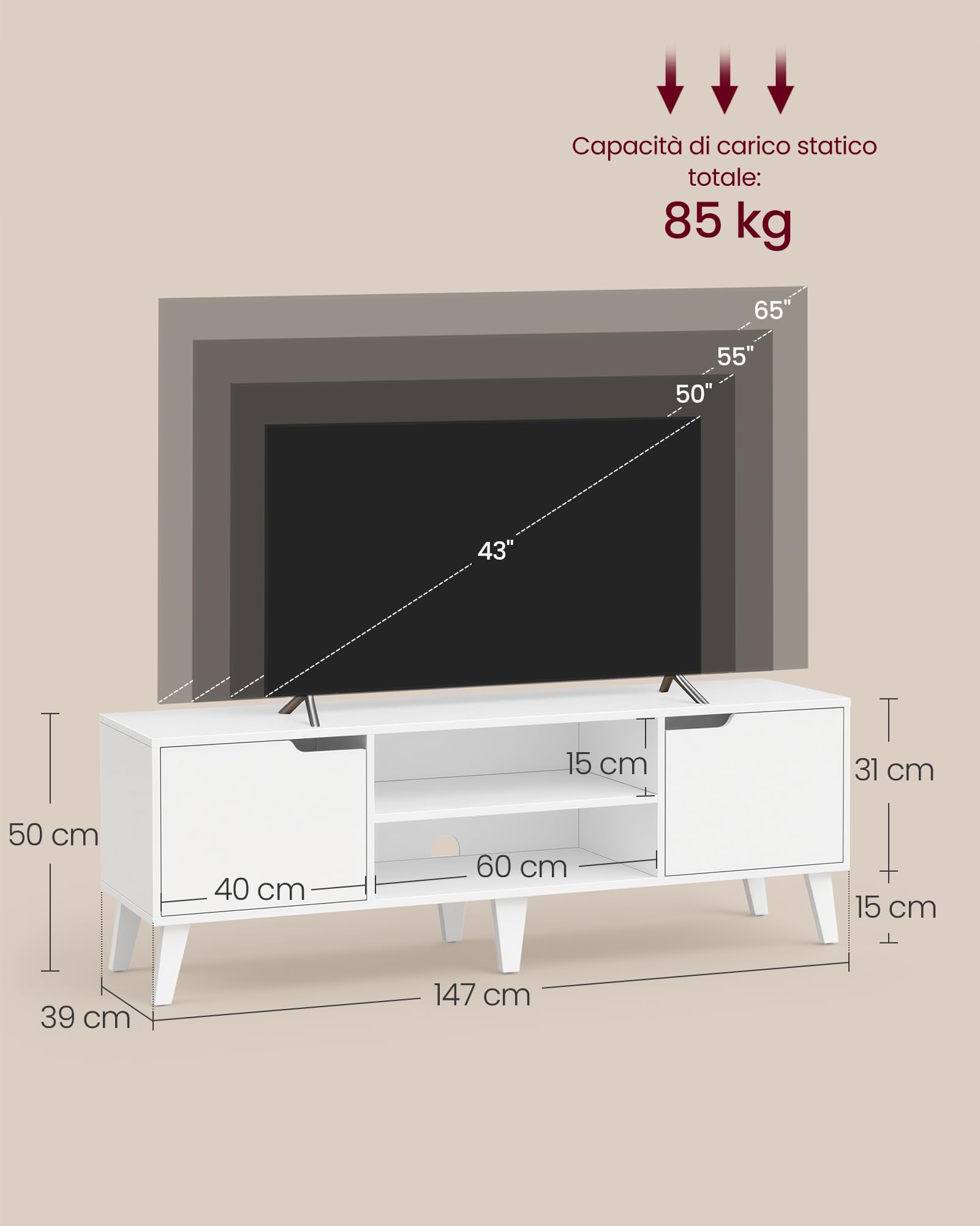 VASAGLE Mobile TV per Televisore fino a 65 Pollici, Armadietto per TV con 2 Ante, Ripiani Regolabili, Lungo 147 cm, per Soggiorno, Camera da Letto, Bianco LTV556W101
