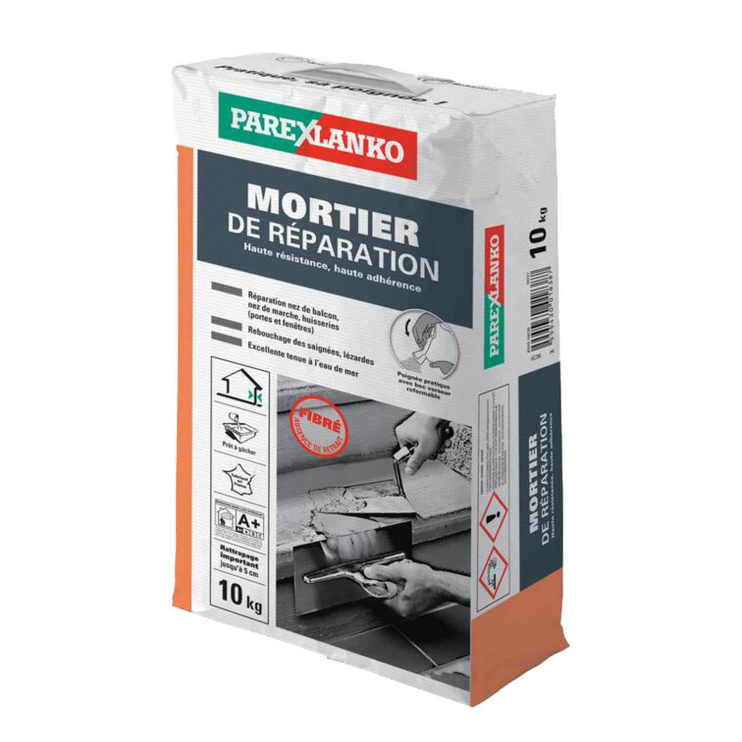 PAREXLANKO Mortier de réparation fibré multiusages, Gris, 10Kg | Répare béton, balcons, terrasses et marches - Sans retrait - Résiste à l’eau douce et mer - Rattrapage jusqu’à 7cm