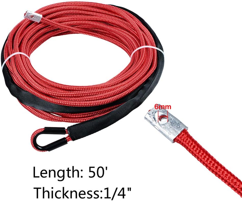 Recovery Towing Winch 50' x 1/4" 7000lbs RED Synthetic Winch Rope w/Yellow Heavy Duty Half-Linked Hook ATV Accessories UTV SUV KFI Boat