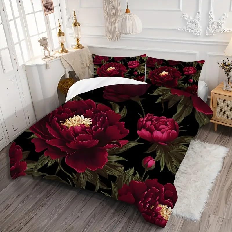 Housse de couette 240x260 cm pivoine avec 2 taies d'oreiller microfibre