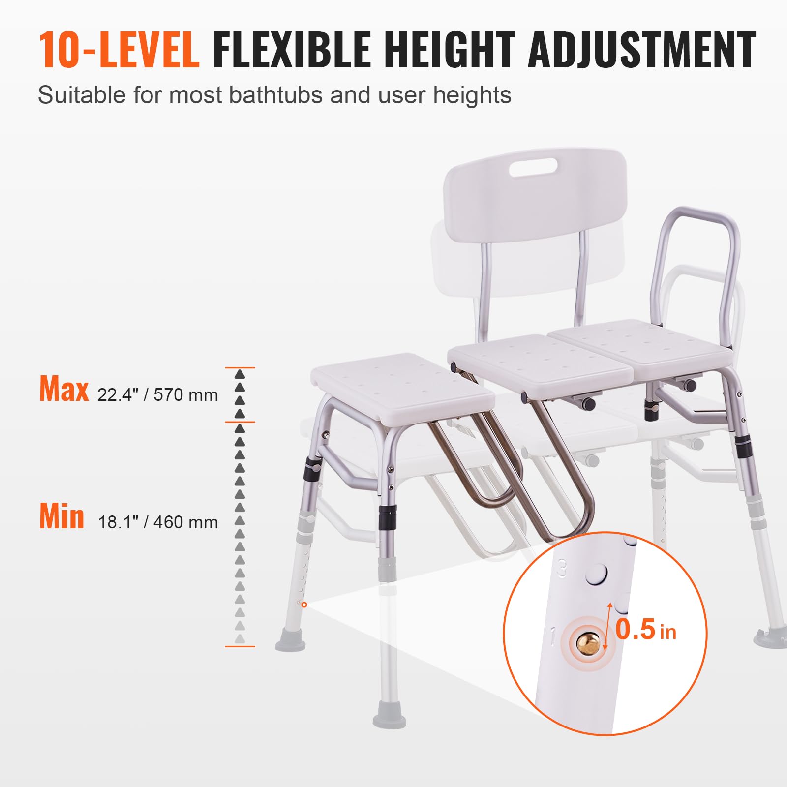 VEVOR Panca di Trasferimento per Vasca 920 x 610 x 925 mm Panca di Trasferimento per Vasca Regolabile con Protezione per Tende a Forma di U, Schienale Reversibile, per Anziani Disabili, Carico 180 kg