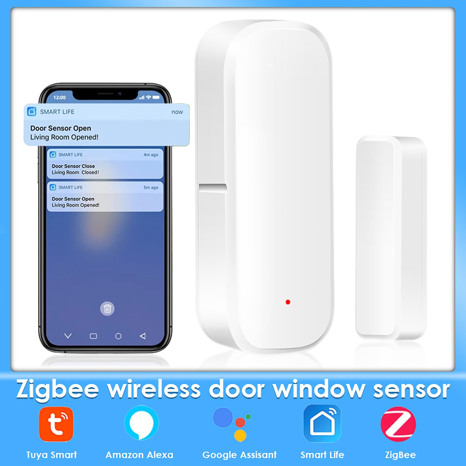 Sensor de puerta inteligente 10xZigbee, sensor de ventana de puerta: notificaciones push de la aplicación de alarma de sensor de ventana de puerta inalámbrico Tuya, sensor de contacto de ventana inal