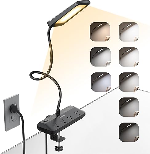 Miniatura 1 de TROND Lámpara de escritorio LED con regleta de alimentación de abrazadera, luz de escritorio para el cuidado de los ojos con 4 salidas protectoras