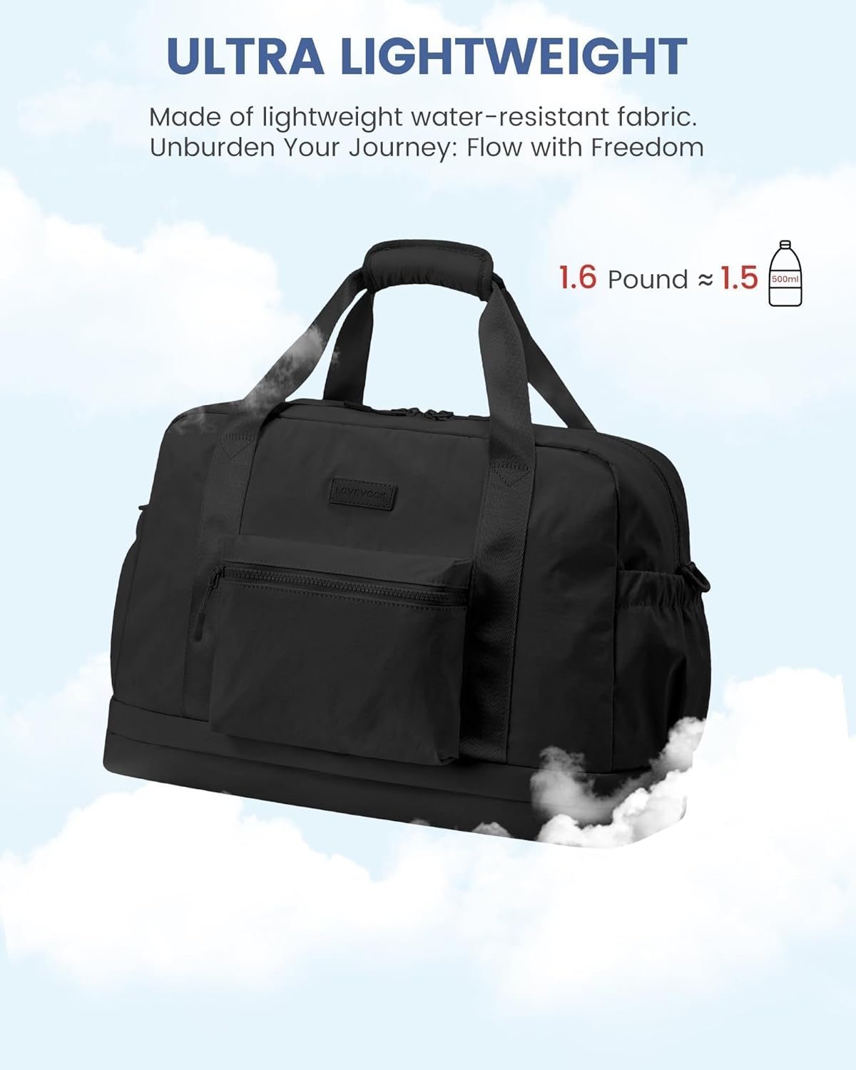 LOVEVOOK Weekender Bags for Women, Gym Bag with Shoe Compartment, Travel Duffel Bags with Toiletry Bag, Personal Item Tote Bag- Black - Image 6