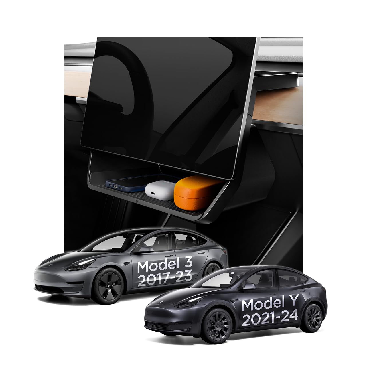 Spigen Tesla Model 3 2021-2023 and Model Y (~2024) Under Screen Centre Console Storage Organizer Tray, Smart Storage, Silicon Padding, Designed for Telsa Model Accessories - Black Edition