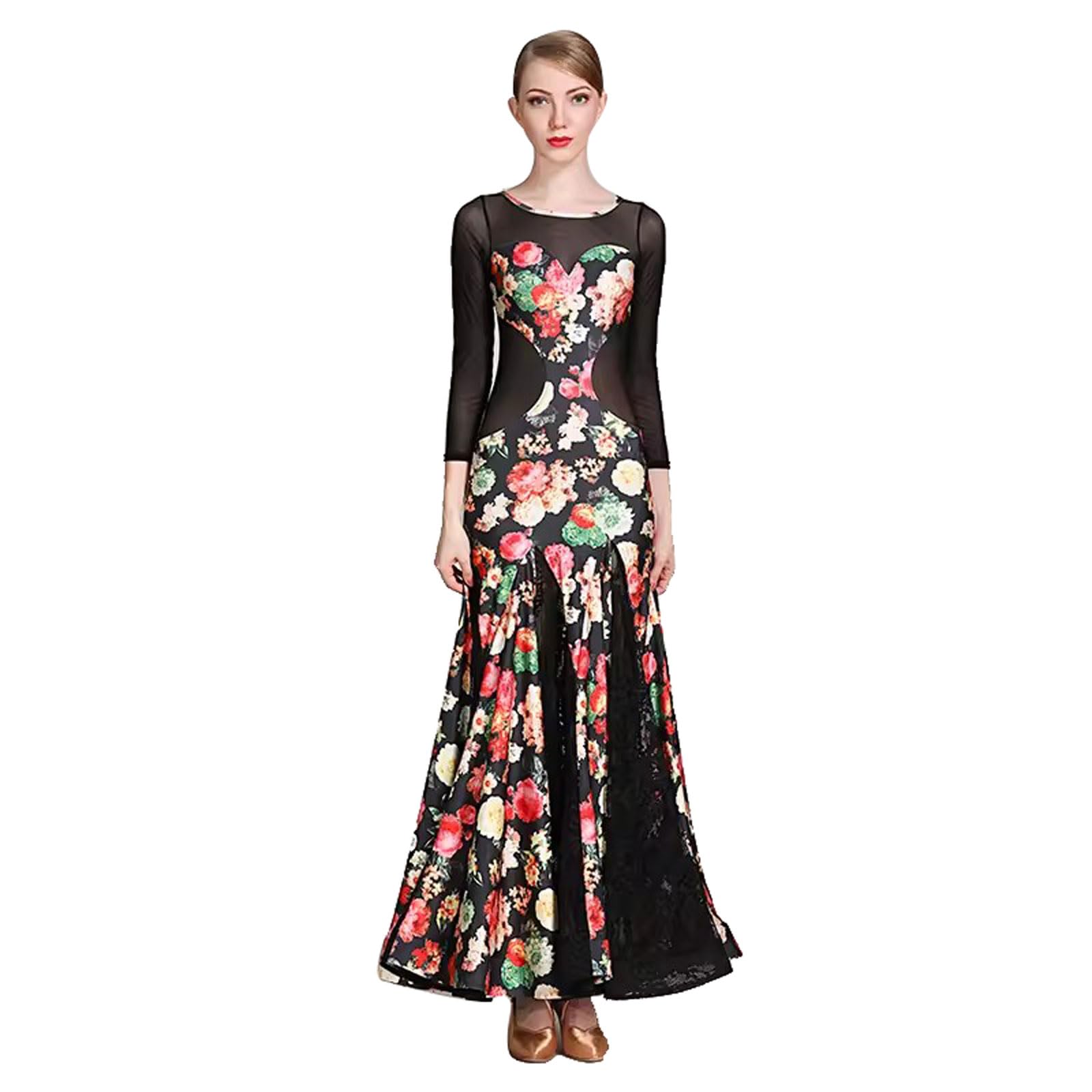 Strój Konkursowy do Tańca Towarzyskiego Strój do Tańca Tango Walc d Długim Rękawem Nadrukiem Elegancki Strój do Tańca Foxtrot Strój do Tańca Flamenco z Okrągłym Dekoltem