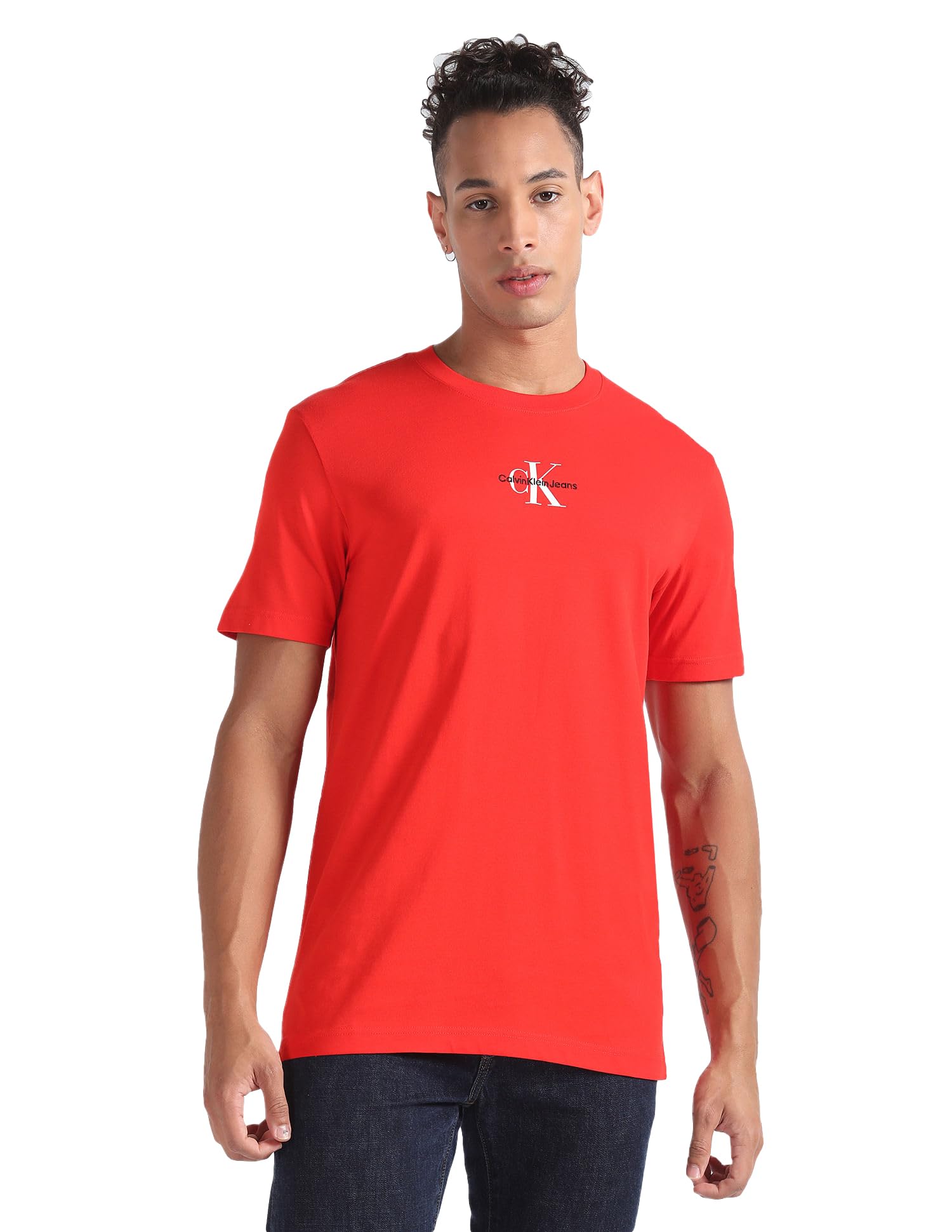 Calvin Klein Jeans Camiseta de Manga Corta para Hombre Monologo Regular de Algodón Orgánico, Rojo (Fiery Red), S
