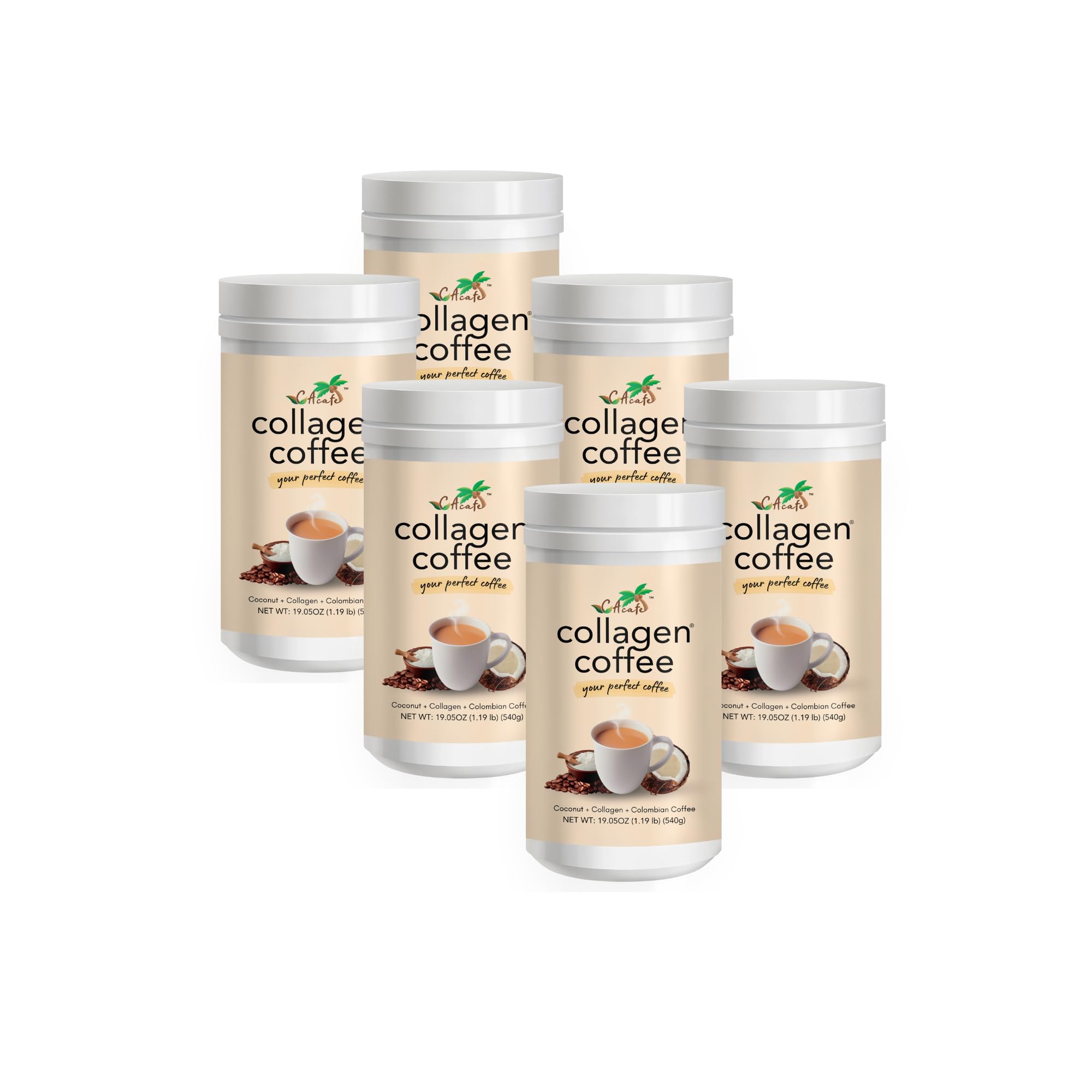 CAcafe Collagen Coffee | Coconut Infused Colombian Blend Coffee with Anti-Aging Collagen | Antioxidants & Natural Energy | 6 Pack