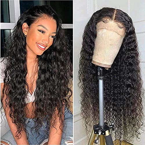 Water Wave Wig T-Part Lace Front Wigs Middle Part Human Hair Wig For Black Women Brazilian Virgin Human Hair Wigs 4x1 Water Wave Pre Plucked with Baby Hair Deep Curly 150% Density(T-Part Wig, 18 inch)
