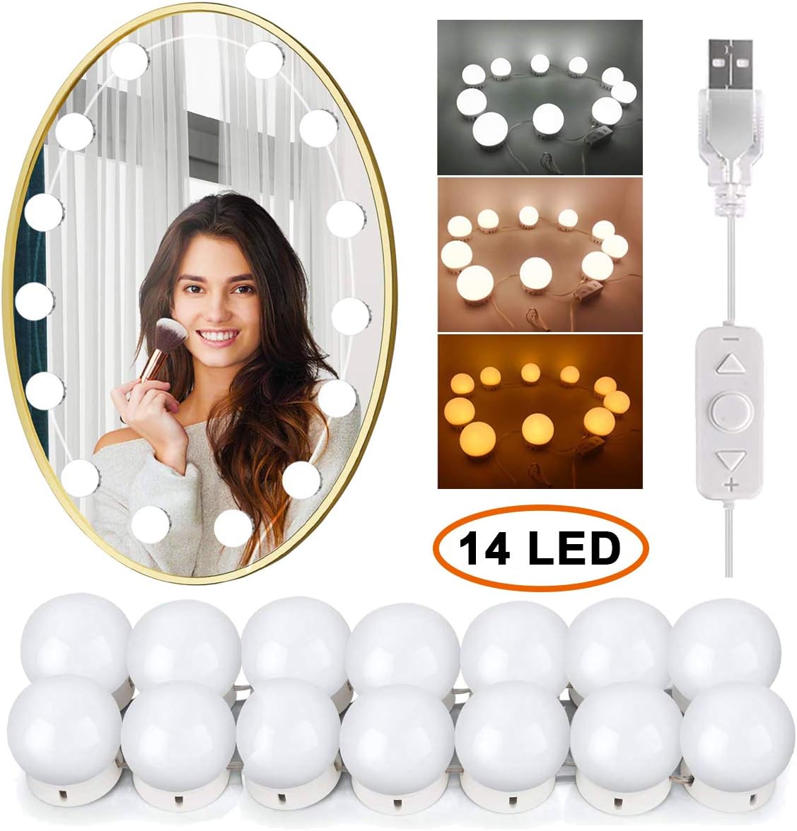 Wesho LED Vanity Mirror Lights Kits Hollywood Style 14 Dimmable Bulbs, Acrylonitrile Butadiene Styrene, White [Energy Class A+]