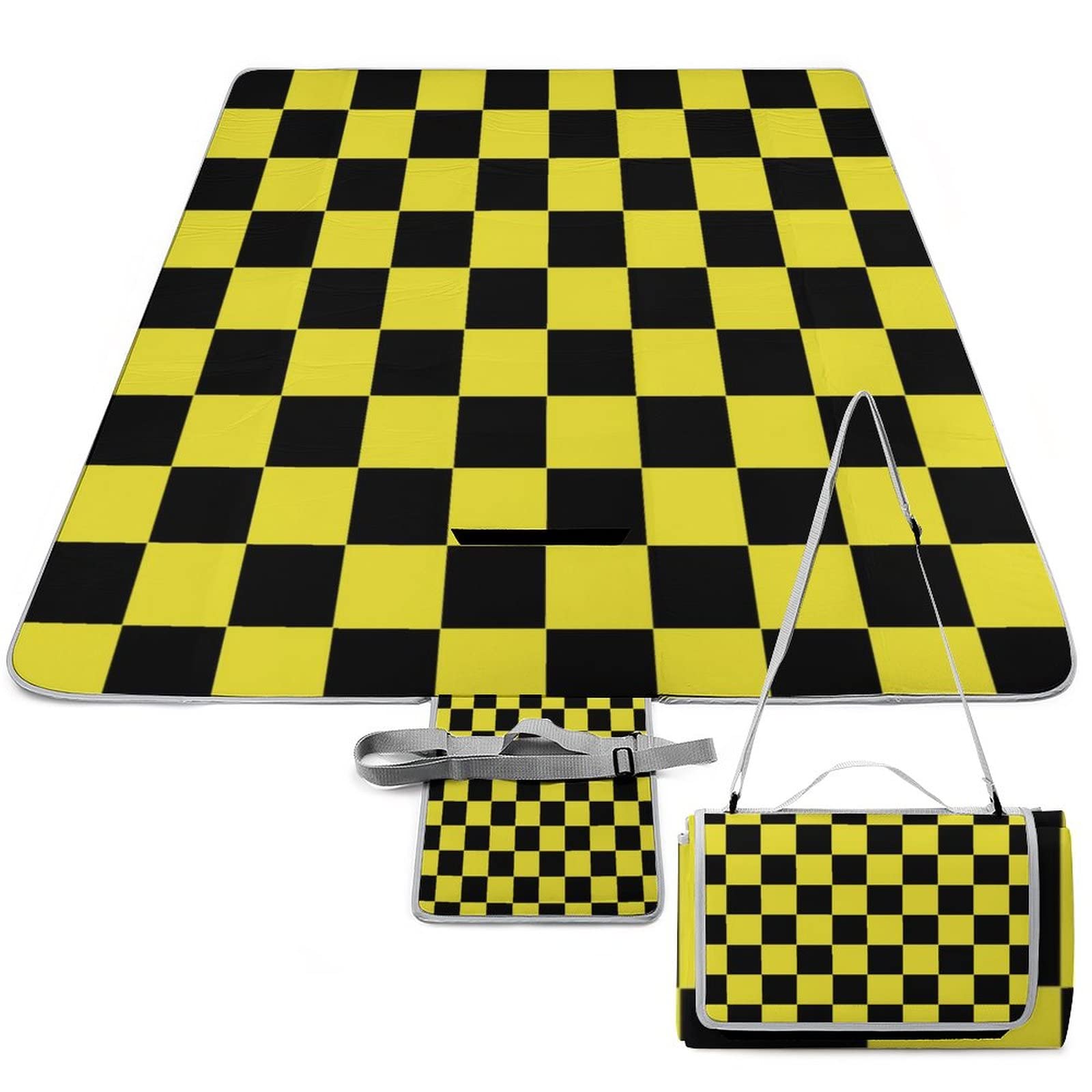 Black Yellow Plaid Pattern Beach Picnic Blanket Rustic Country Luxury Plaid Check Print for Portable Outdoor Blanket for Travel Camping 58.3x58.3 Inch