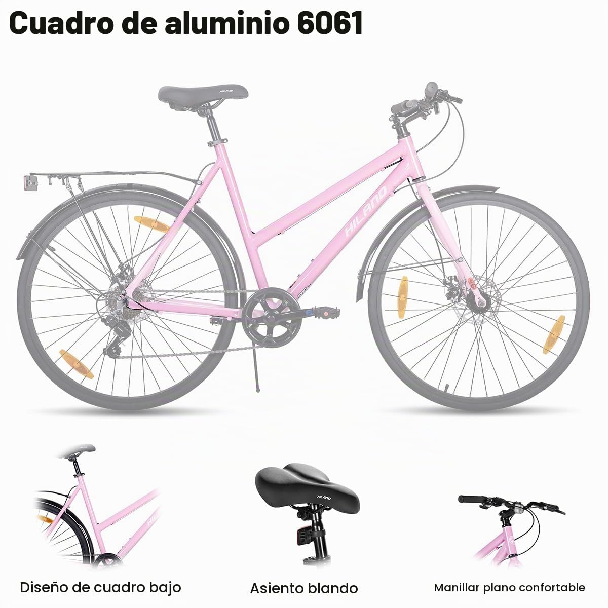 HILAND Bicicleta de Carretera 28 Pulgadas 700C, Bicicleta Urbana de Aluminio con 7 Velocidades y Frenos de Disco, Bicicleta de Ciudad Cómoda para Hombre y Mujer, Rosa