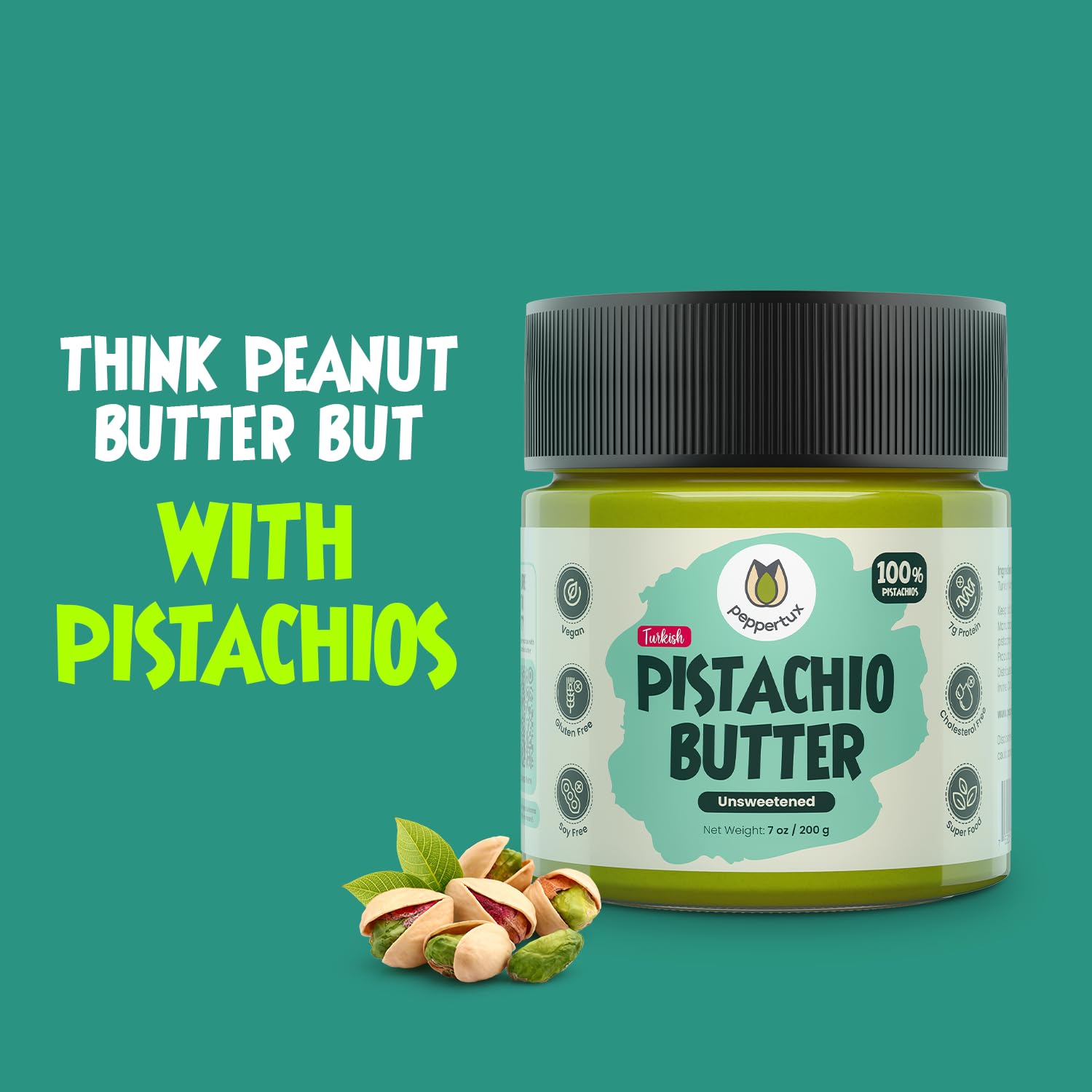 Peppertux Farms 100% Pistachio Butter - Natural Vegan Spread Pistachio Paste for Baking, Cake, Ice Cream, Cookie & More - Gluten-Free, High Protein Turkish Pistachios Flavoring - Unsweetened (7oz) thumbnail 2