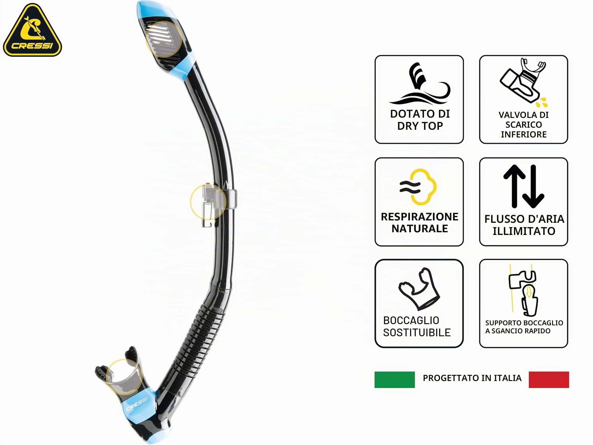 CRESSI Supernova Dry Snorkel con Valvola e Splash Guard per Snorkeling e Apnea, Boccaglio in Silicone con Valvola di Scarico e Aggancio Rapido